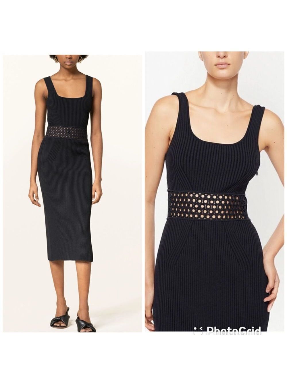 NEW Jonathan Simkhai Loren Crochet Ring Knit Midi Dress Black Large